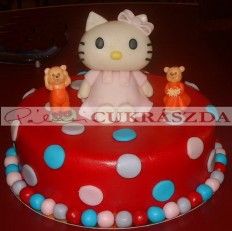 Pöttyös torta Hello Kitty figurával. Rendelhető legkisebb méret 15 szeletes